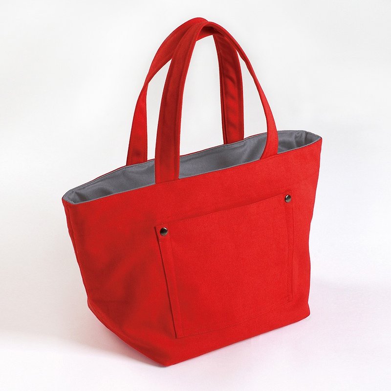 Outer pocket tote bag - red - กระเป๋าถือ - ผ้าฝ้าย/ผ้าลินิน สีแดง