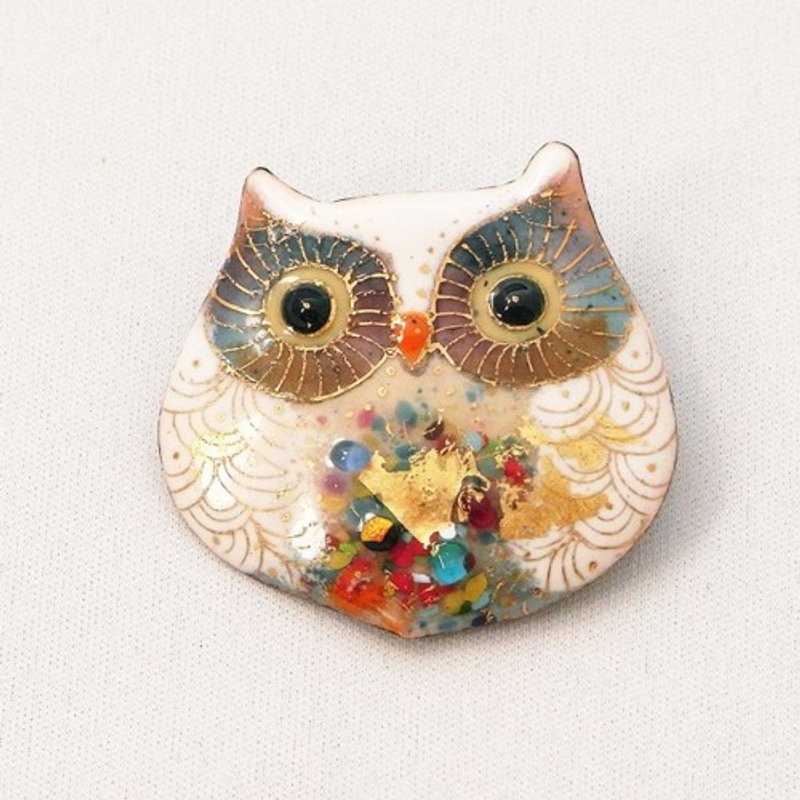 Owl-medium-white-cloisonne brooch - Brooches - Other Metals White