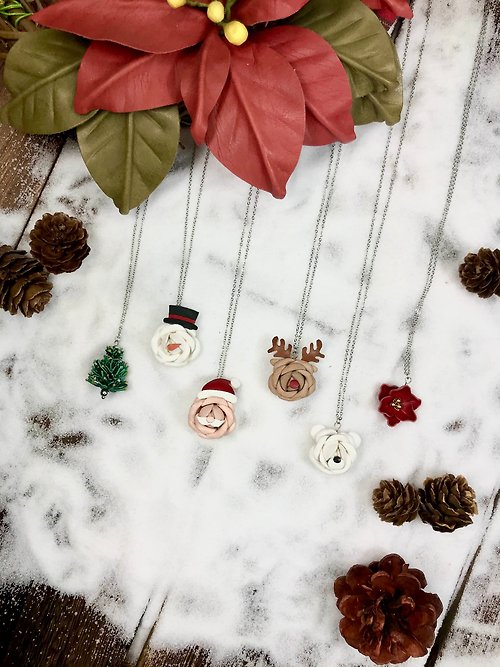 JK Collection 【聖誕老人/雪人/聖誕鹿/北極熊/聖誕花/聖誕樹】皮革小玫瑰項鍊