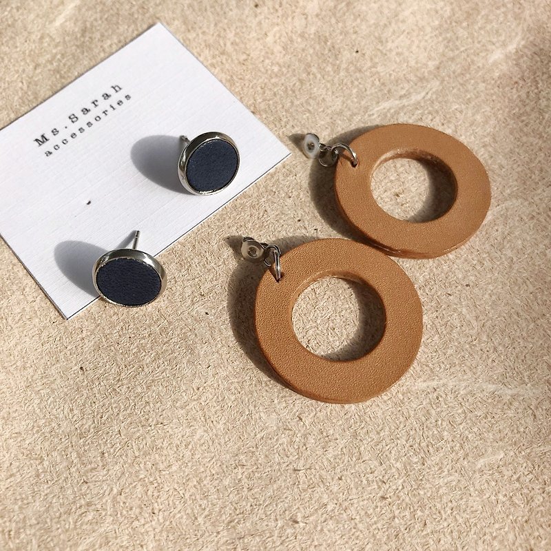 Leather round box earrings _ # 10_ dark blue No. 6 works take light Brown(can change the folder) - Earrings & Clip-ons - Genuine Leather Red