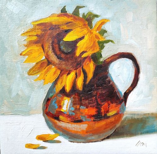 AlbinaBeadArt Sunflower painting original oil art still life 20 by 20 cm