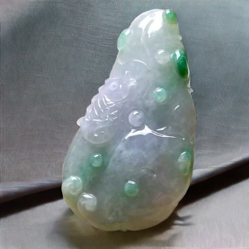 瓔珞翡翠 春帶彩翡翠巧雕荷包有魚項鍊 | 天然緬甸玉A貨翡翠 | 送禮