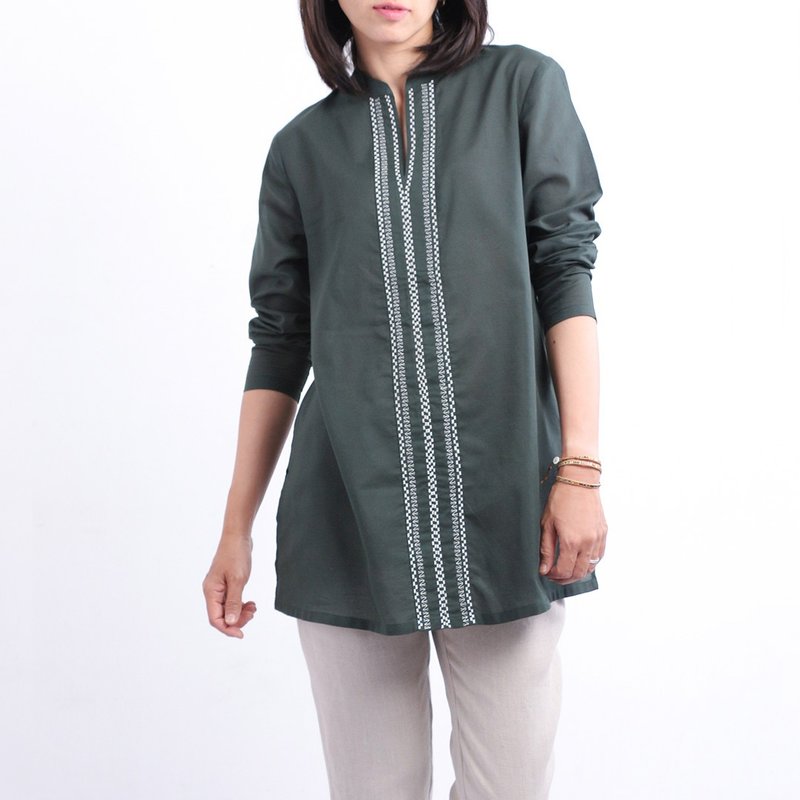 Cotton Embroidery Tunic, Green, Dark Green - 女襯衫 - 棉．麻 綠色