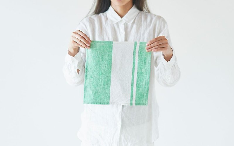 Chambray linen mini cloth (line / green × white) - ที่รองแก้ว - ผ้าฝ้าย/ผ้าลินิน สีเขียว