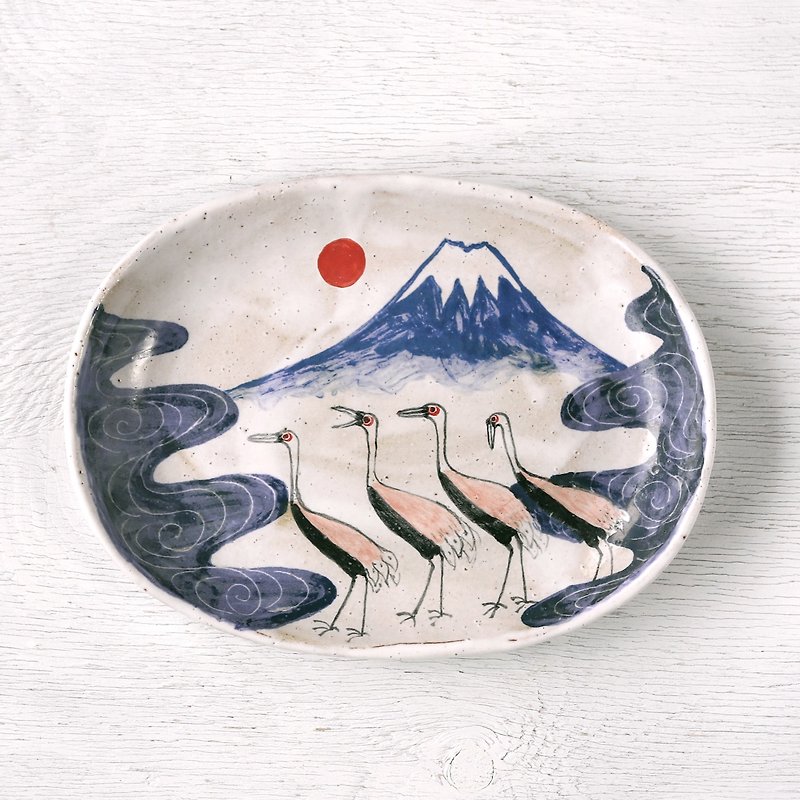 Blue Fuji and a group of cranes, colored oval plate in woodblock print style - Plates & Trays - Pottery Blue