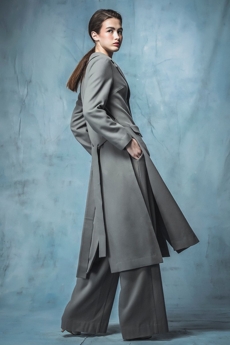 YUWEN grey long coat - เสื้อแจ็คเก็ต - ขนแกะ สีเทา