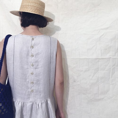 MEOW 客製 法國亞麻 條紋無袖細褶洋裝 連身裙 米白