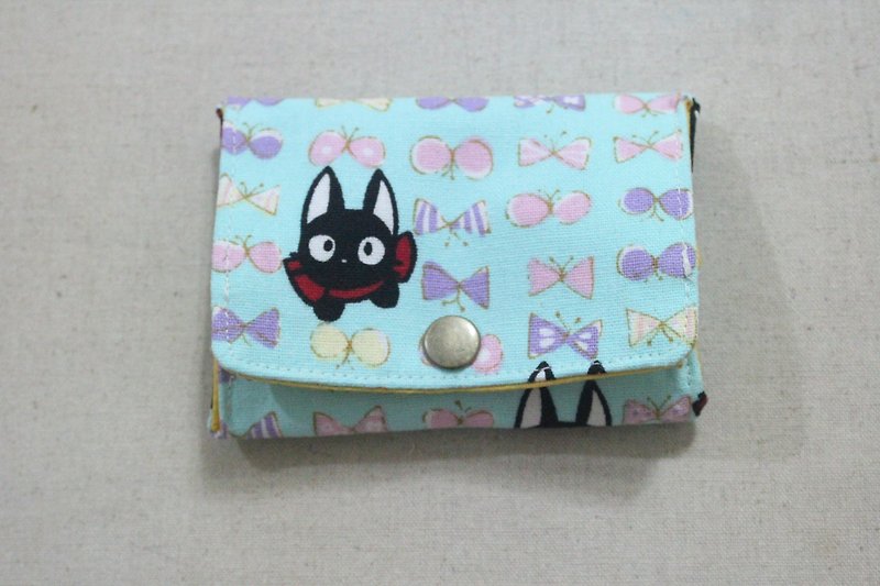 Small change bag-black cat bow on pink blue background - กระเป๋าใส่เหรียญ - ผ้าฝ้าย/ผ้าลินิน สีน้ำเงิน