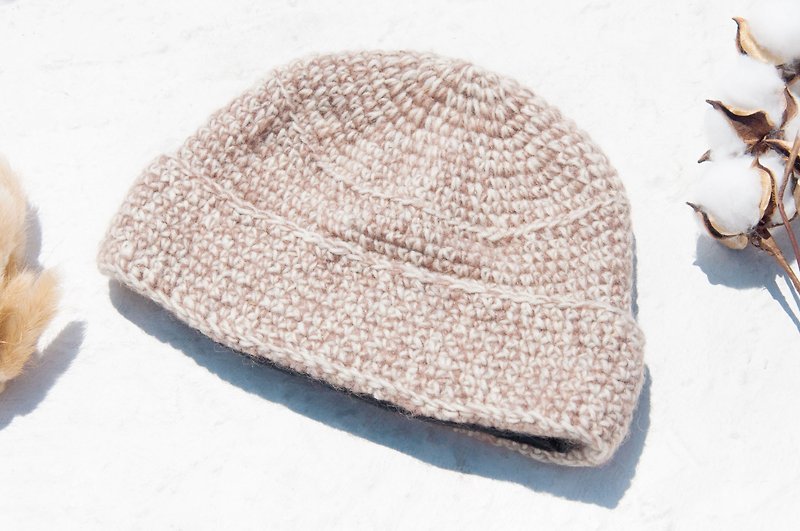 Hand-knitted pure wool hat/knitted hat/knitted woolen hat/inner bristles hand-knitted woolen hat/wool hat-desert - หมวก - ขนแกะ สีกากี