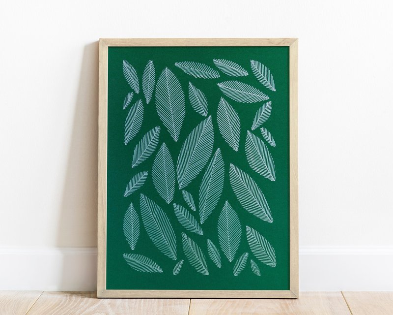 Modern line drawing Trendy emerald green abstract leaves wall art Nature lovers - 海報/掛畫/掛布 - 紙 綠色