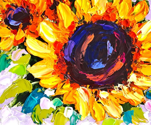 厚塗りひまわりの油絵 ひまわりの絵厚塗りオリジナルアート花の油絵花の壁アート