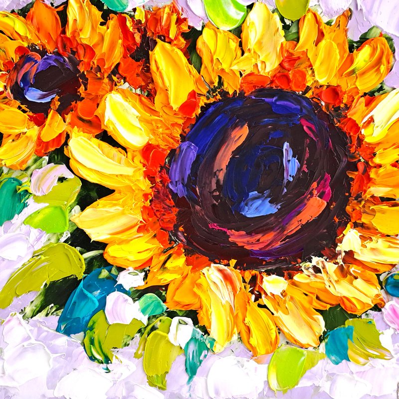 Sunflower Painting Impasto Original Art Flowers Oil Painting Floral Wall Art - 海報/掛畫/掛布 - 其他材質 多色