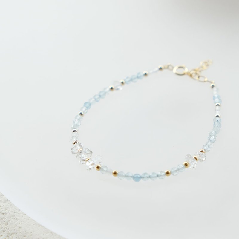 Ice Herkimon white crystal-Aquamarine moonstone bracelet 14K gold-filled - Bracelets - Gemstone Blue