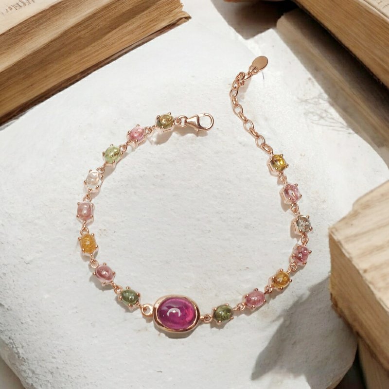 Bracelet with gemstones, center stone Ruby, small stone Multi-color tourmaline, silver setting - Bracelets - Gemstone Multicolor