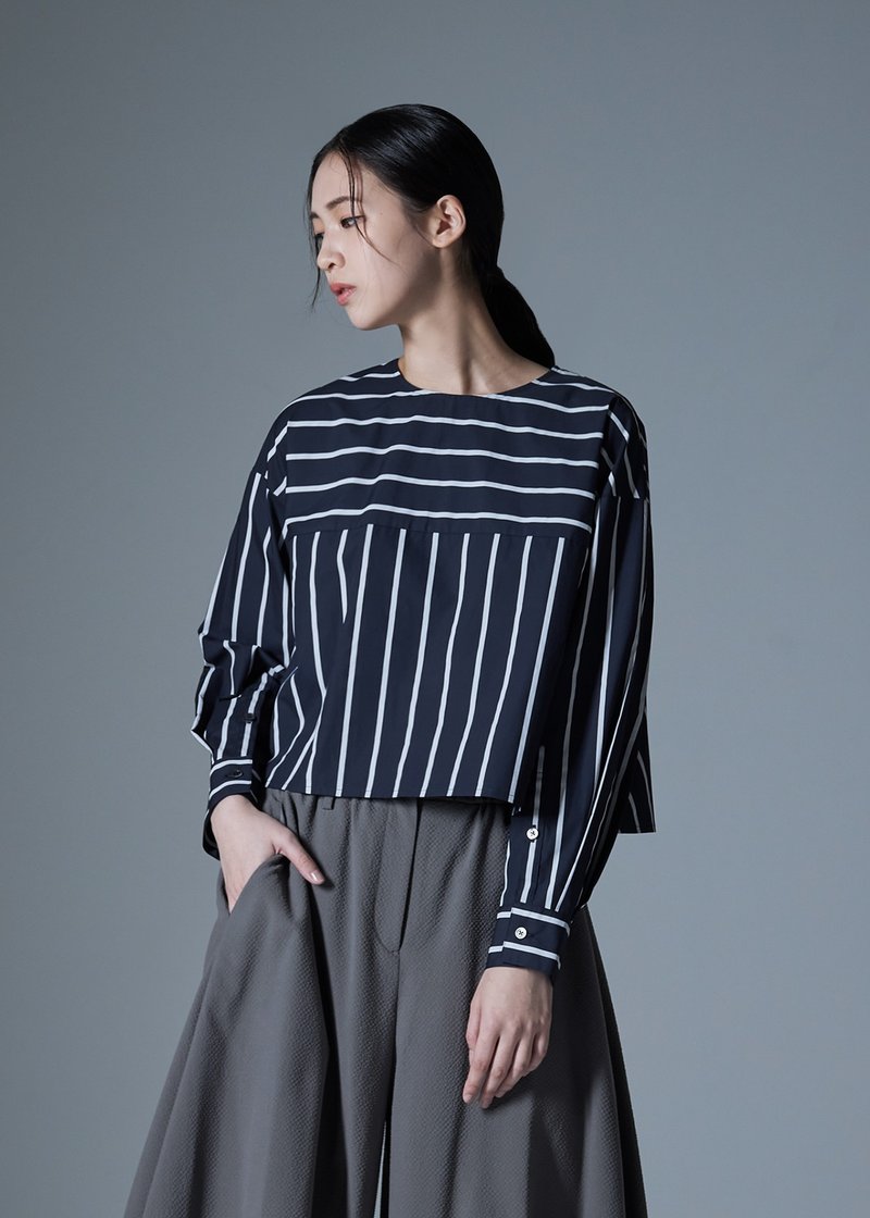 striped patchwork top - เสื้อผู้หญิง - ผ้าฝ้าย/ผ้าลินิน สีน้ำเงิน