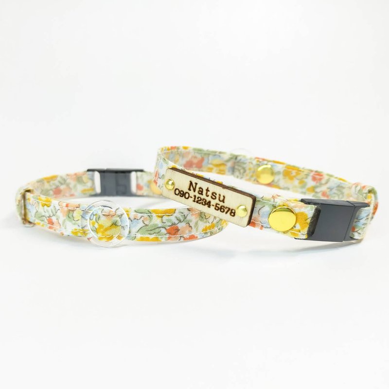 Made in JAPAN　Cat Dog Collar with wood name Tag Personalization Order made - ปลอกคอ - ผ้าฝ้าย/ผ้าลินิน สีส้ม