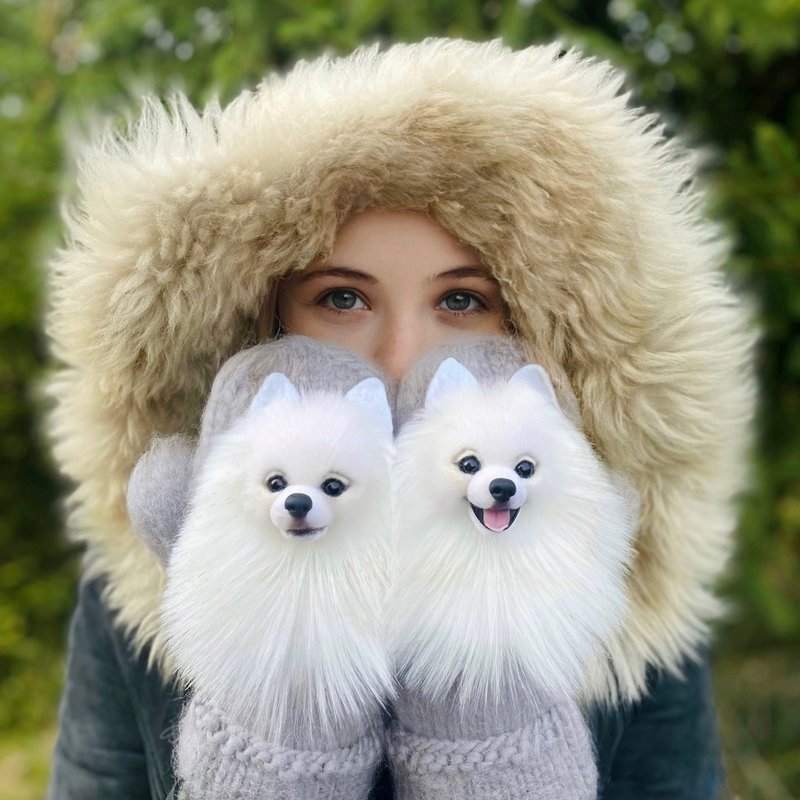 Unique handmade dog mittens. Warm woolen women's mittens with pomeranian - Gloves & Mittens - Wool Gray