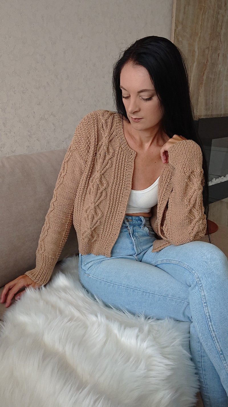 Merino wool sweater jacket Aran short cardigan with button Twist handmade blouse - 女毛衣/針織衫 - 羊毛 