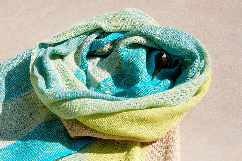 手織りの純粋なシルクのスカーフ、手織りのスカーフ、手織りのスカーフ、綿とリネンのスカーフ - スカイレインボーストライプ - スカーフ - コットン・麻 多色