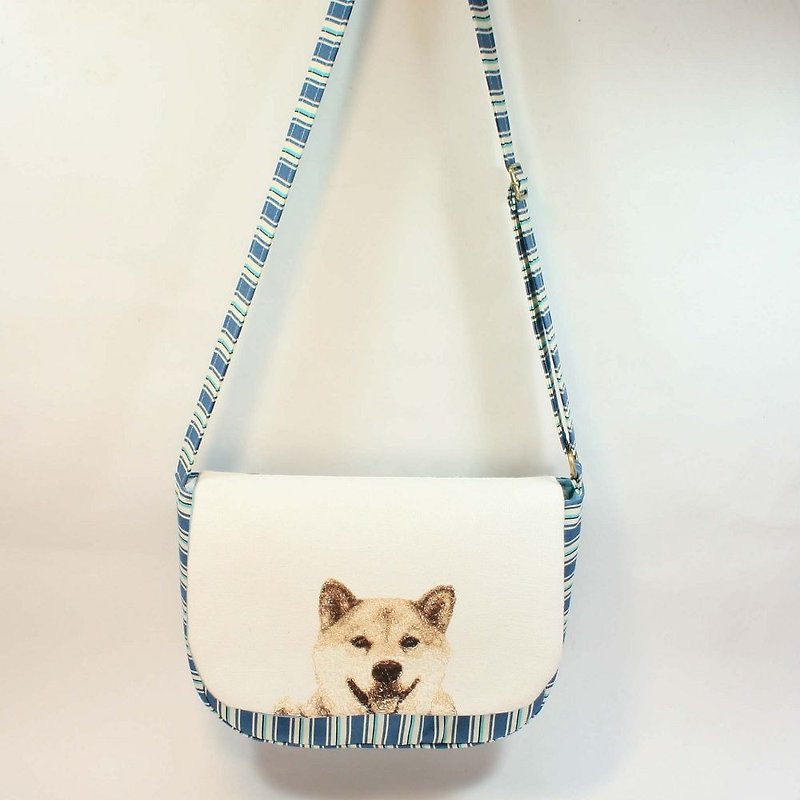 Shiba Inu embroidered messenger bags 01-- - Messenger Bags & Sling Bags - Cotton & Hemp Blue