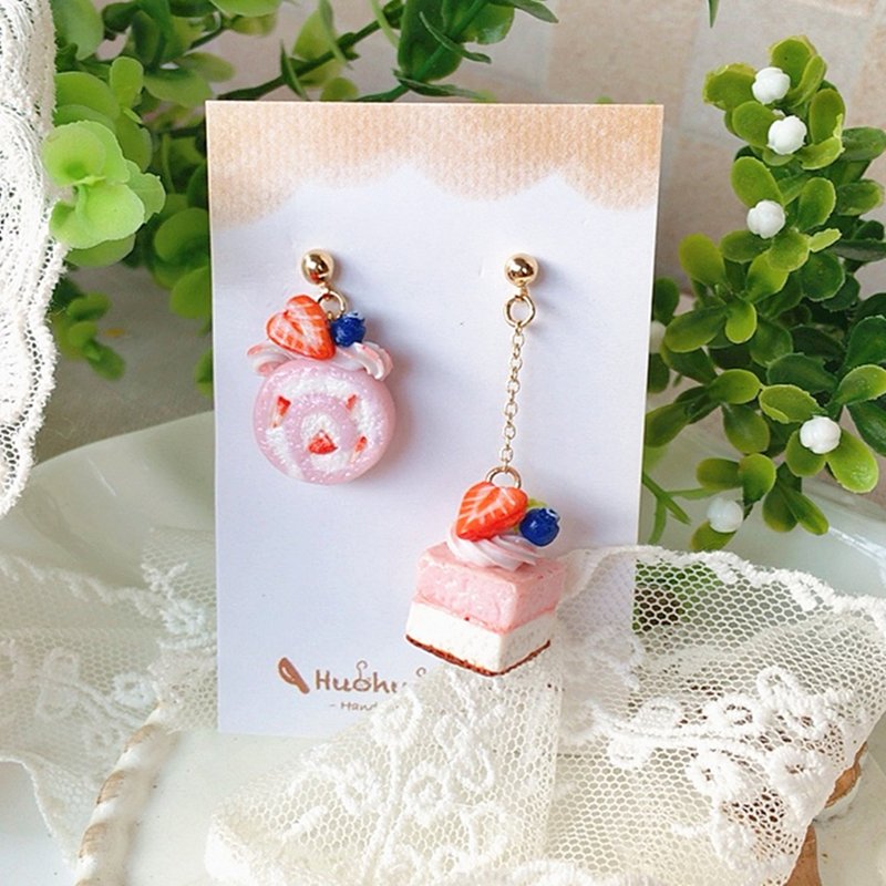 Original handmade sweet and cute strawberry mousse cake Silver earrings ear clips niche design gift - Earrings & Clip-ons - Other Materials 