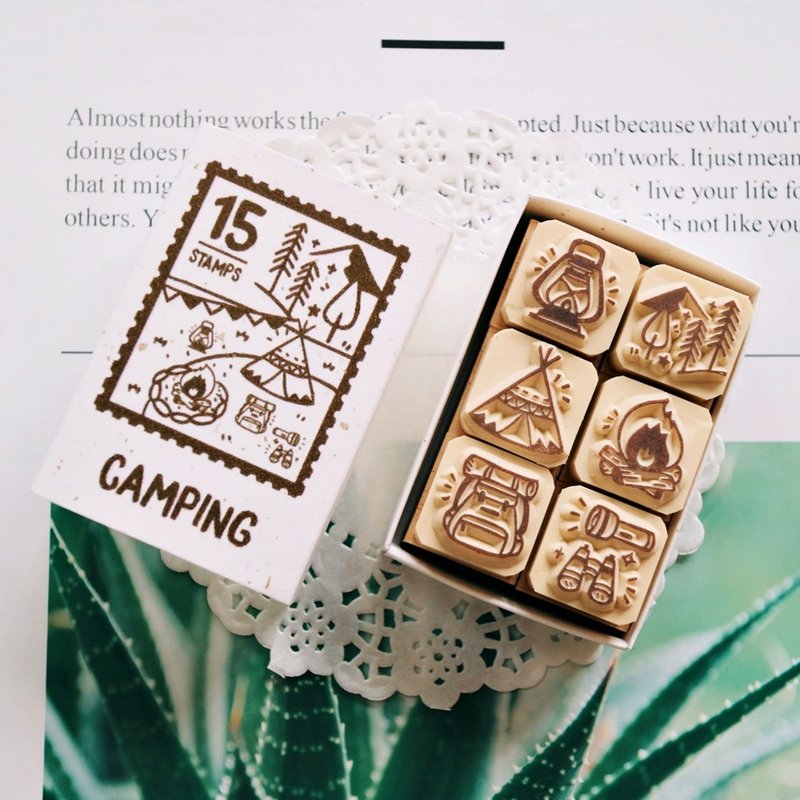 Pocket stamp- V15 camping series matchbox small seal 2X2cm (6 styles) - ตราปั๊ม/สแตมป์/หมึก - ยาง สีนำ้ตาล