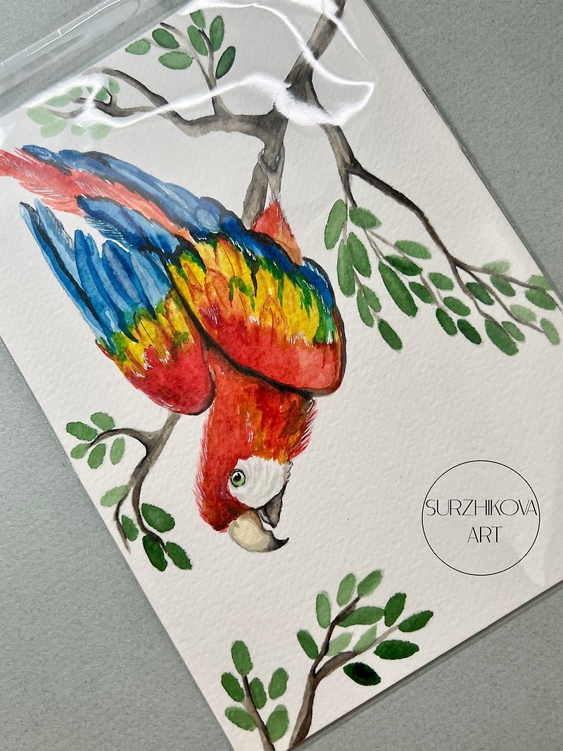 Original watercolor painting depicting the colorful Ara parrot, 5x7 inches - Wall Décor - Paper 