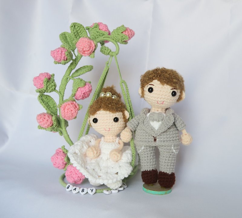 鈎織結婚花鞦韆玩偶 - 公仔模型 - 棉．麻 白色