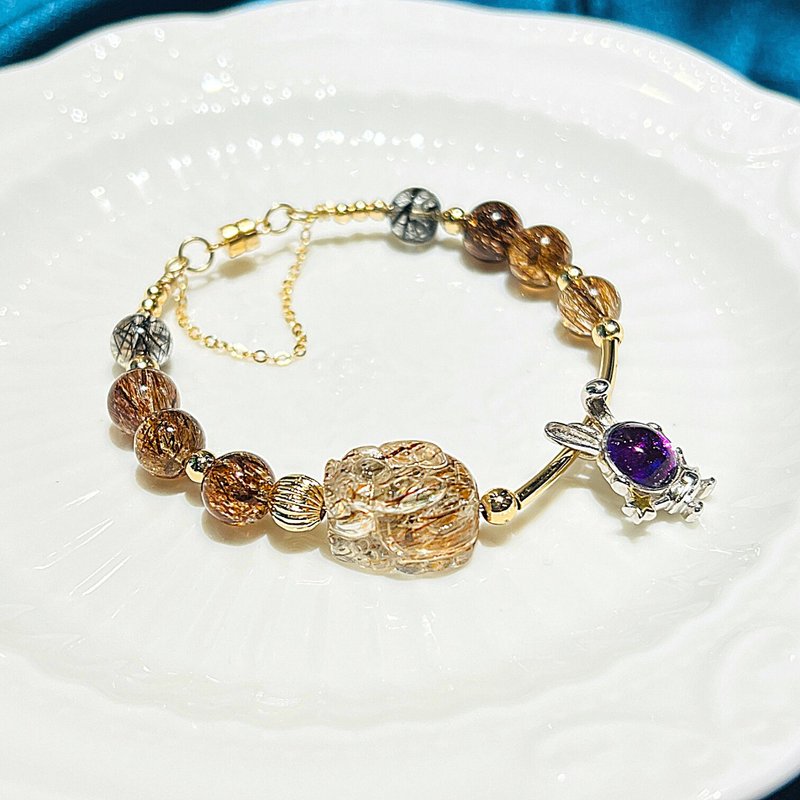 Carina accessories Open Energy Crystal Bracelet Note Gold Black Gold Super Seven Dragon Turtle Sky Iron - สร้อยข้อมือ - คริสตัล สีทอง