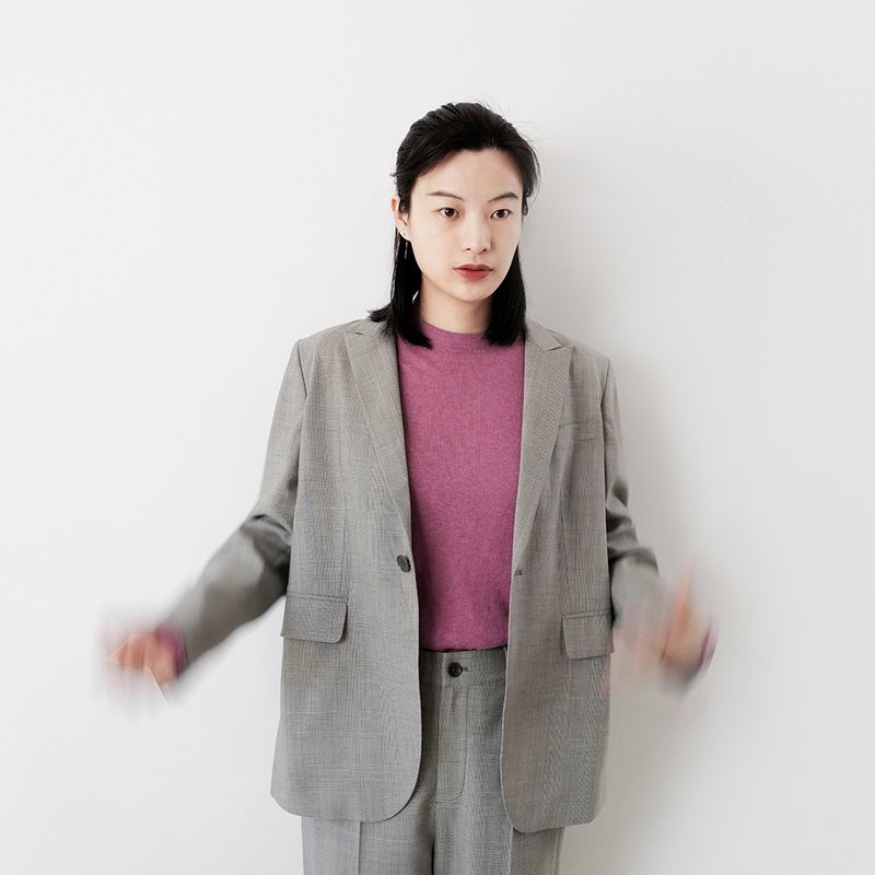 板栗研衣所 | 獨立設計 芝麻灰溫莎格精紡羊毛槍駁領BF風西服外套 - 女西裝外套 - 羊毛 
