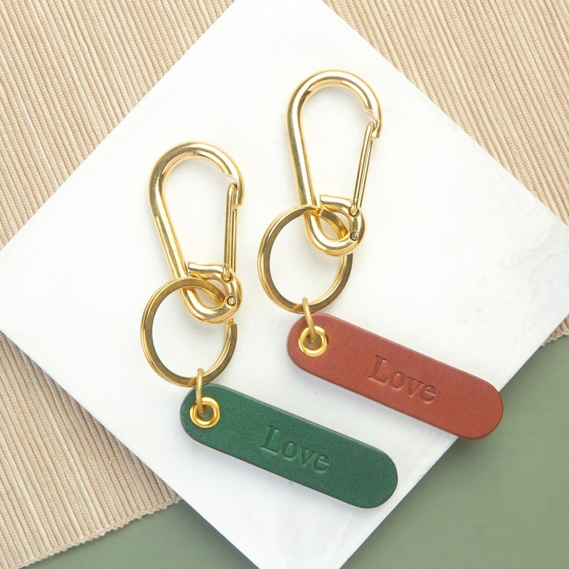 Set of 2 PCS Tiny Brass Carabiner Clasp with Personalized Name Tag - ที่ห้อยกุญแจ - หนังแท้ สีนำ้ตาล