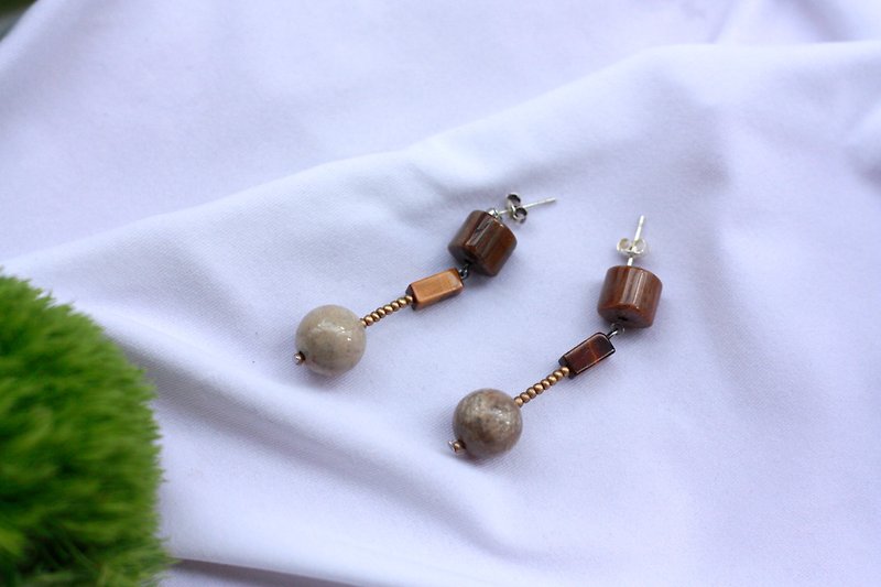 多種寶石拼接耳環 -925純銀耳針 - 耳環/耳夾 - 寶石 咖啡色
