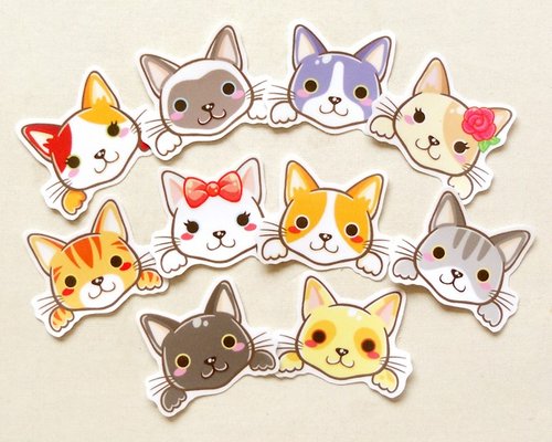 Magsterarts插圖與設計 貓咪貼紙10入 - 防水貼紙 - 寵物貼紙 - 小貓貼紙 - Cat Sticker