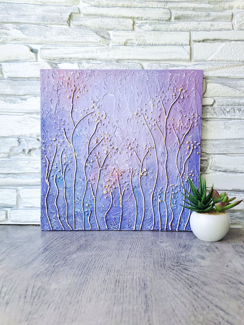 Textured painting of Golden flowers on plywood 30x30 cm Modern 3D Decor - Wall Décor - Wood Purple