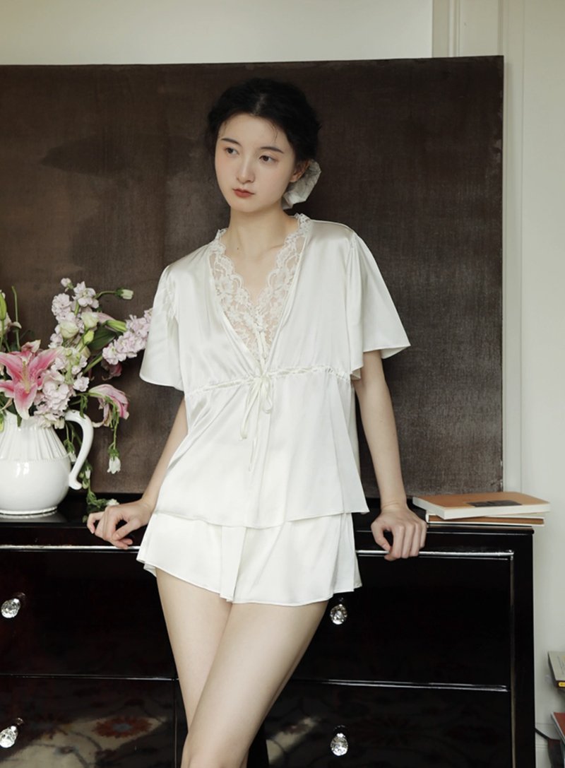 法式復古 22姆米性感真絲睡衣 蕾絲家居服 - 睡衣/居家服 - 絲．絹 多色