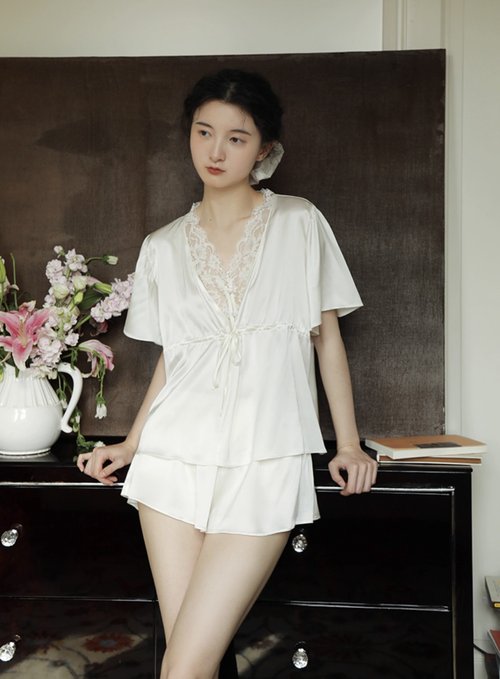 WakeUp 醒來 法式復古 22姆米性感真絲睡衣 蕾絲家居服