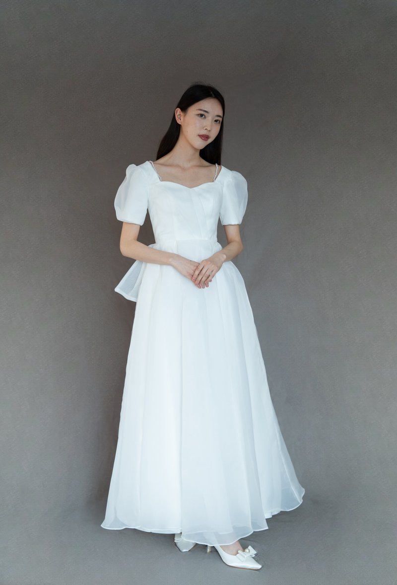 澎澎袖珍珠方形愛心領婚紗 - 禮服/小禮服 - 聚酯纖維 白色