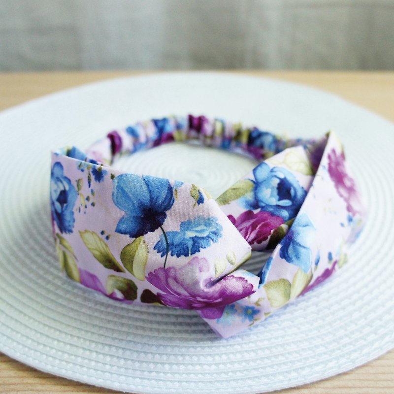 Lovely blue-violet rose butterfly elastic hair band, hair ring, blue purple - เครื่องประดับผม - ผ้าฝ้าย/ผ้าลินิน สีม่วง