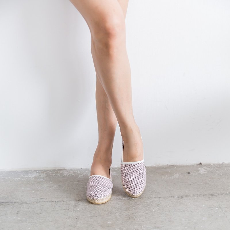 日本製布料左右腳不分草編鞋-千鳥格粉色 - 女休閒鞋/帆布鞋 - 棉．麻 粉紅色
