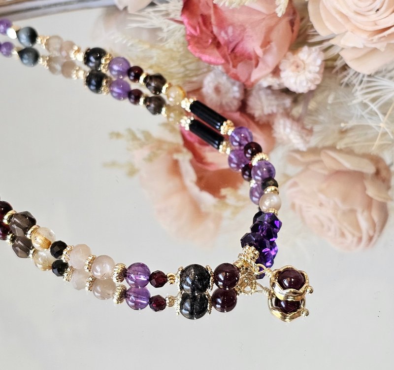 暗き魔女の黄金の予言-アメジスト/ガーネット/ブラックルチル/スモーキークォーツ/ミルクティームーンストーン/クリスタルネックレス - ショートネックレス - クリスタル 多色