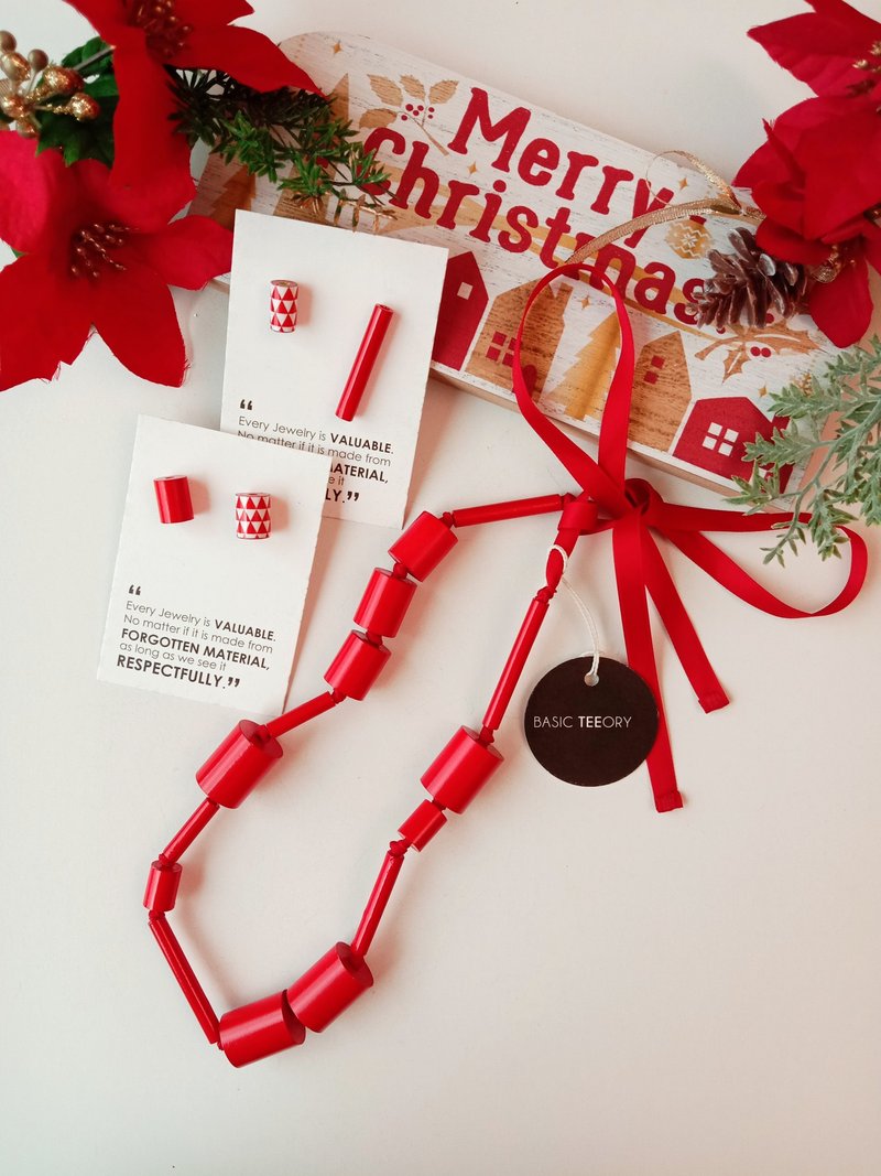 【セットコーデ】お正月限定 輝く紅玉_手作りロングビーズネックレス+ピアス 送料無料 - ネックレス - 紙 レッド