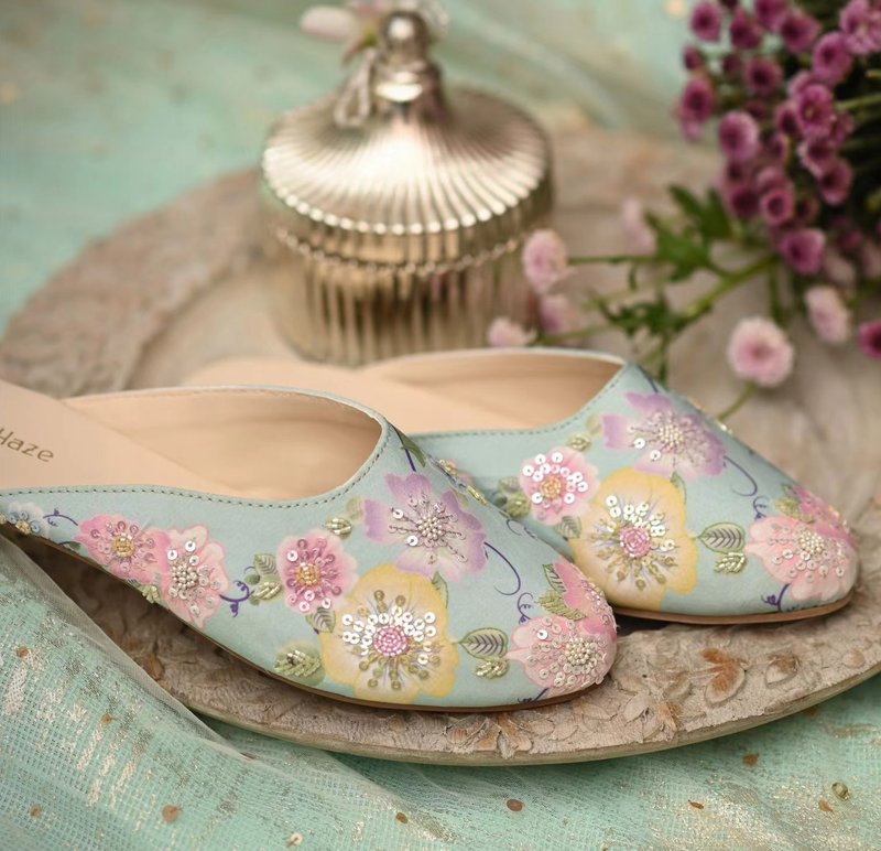 【綠盈】印度風情/刺繡淑女涼拖 - 女休閒鞋/帆布鞋 - 真皮 綠色