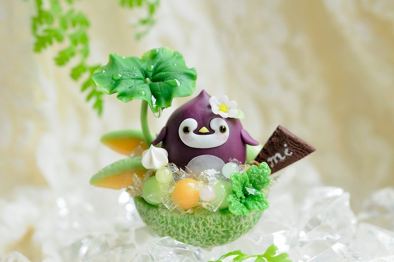 ☆Sweet Dream☆Summer Rain Lotus Penguin Baby Melon/Pure Ornaments - ของวางตกแต่ง - ดินเหนียว สีเขียว