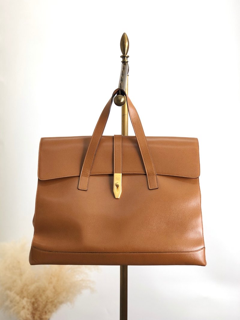 【 日本直送　名牌中古包 】CELINE セリーヌ ハンドバッグ ブラウン ロゴ フロントロック レザー vintage ヴィンテージ オールド khb58r - 手提包/手提袋 - 真皮 咖啡色