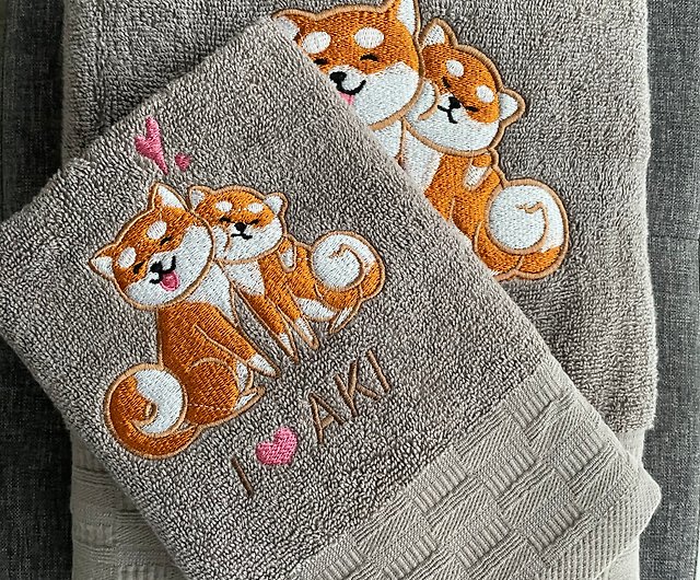 柴犬 犬のカスタム刺繍タオルセット - ショップ VR Handmade タオル