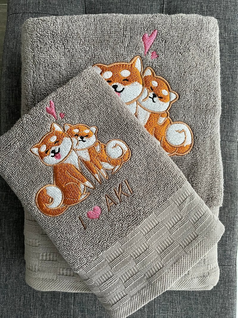 Shiba Inu Custom embroidered towel set with dog - Towels - Cotton & Hemp Multicolor