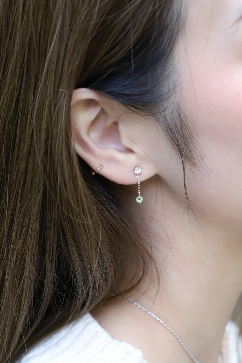 橄欖石白水晶925純銀雙寶石鍊子耳環 - 耳環/耳夾/耳骨夾 - 寶石 銀色