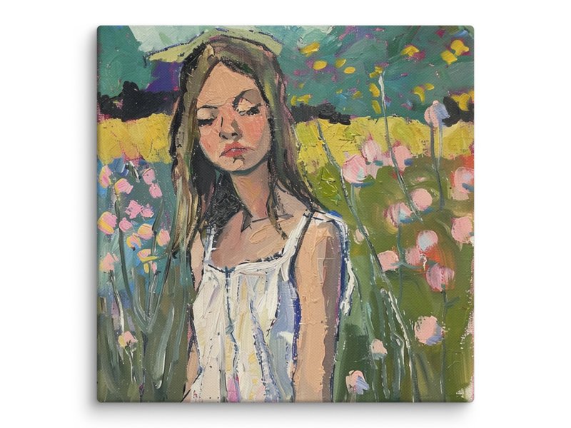 Young Woman Portrait Girl In Garden Painting On Canvas Flower Original Art - โปสเตอร์ - วัสดุอื่นๆ หลากหลายสี