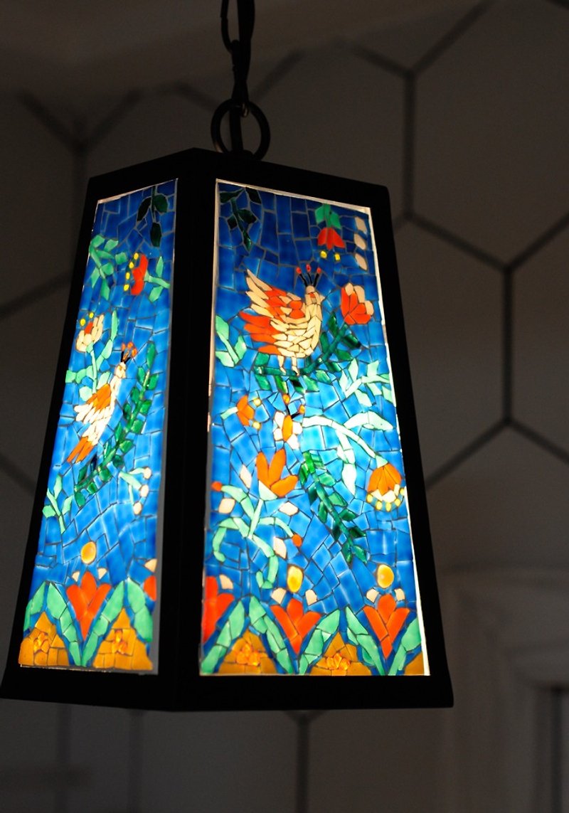 Flower time bird / original design handmade stained glass mosaic chandelier - Lighting - Glass 