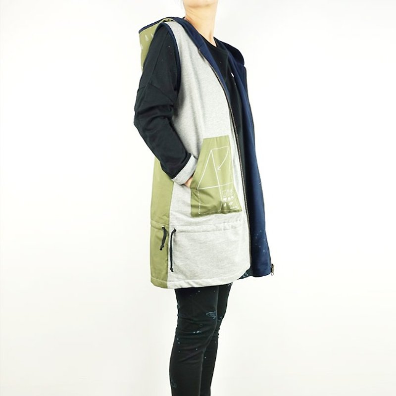 Urb Dinosaur + Paper Plane / Double Sided Wear / Vest Jacket - เสื้อแจ็คเก็ต - ผ้าฝ้าย/ผ้าลินิน สีน้ำเงิน